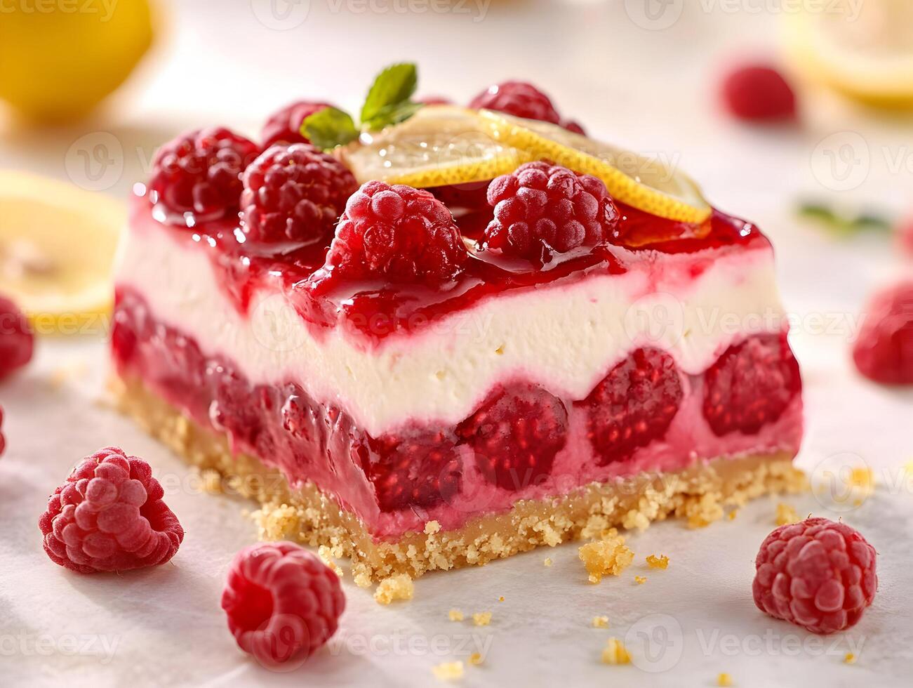 Refreshing raspberry dessert with lemon layers and creamy texture ready to enjoy. photo