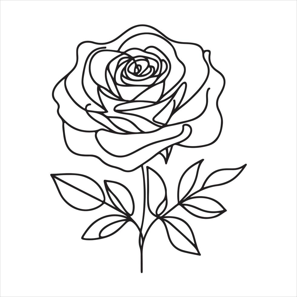 Single one line drawing of rose flower black silhouette white background vector