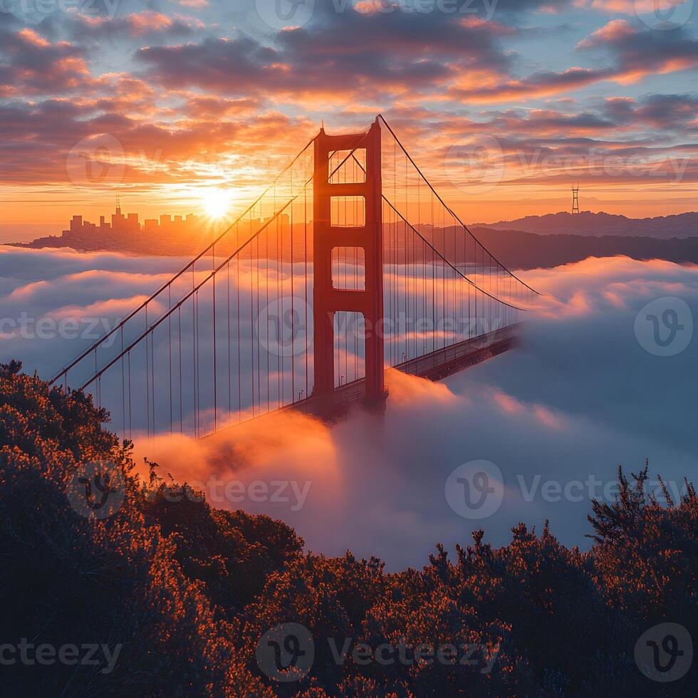 Sunrise over fog at Golden Gate Bridge photo