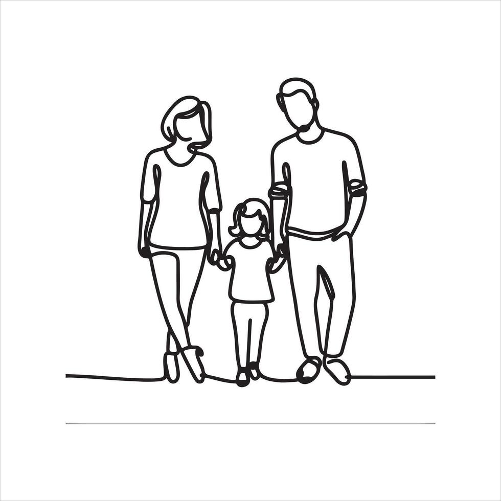 Single one line Happy family in continuous line art black silhouette on white background vector