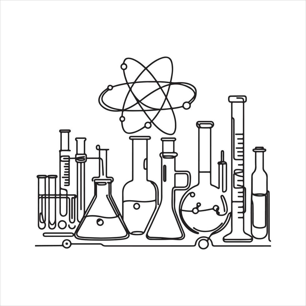Single one line Lab experiment tools in continuous single one line art drawing silhouette on white background vector