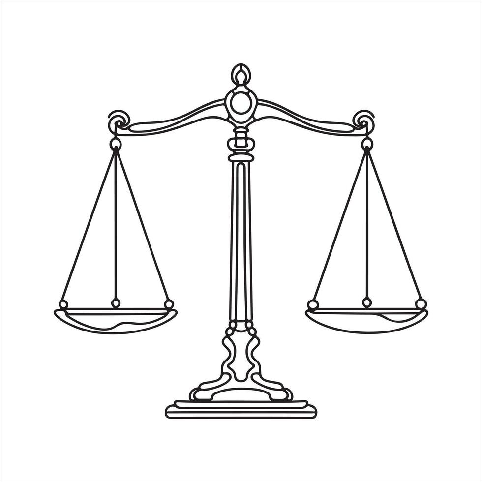 Single one line court legal scale in continuous one drawing silhouette on white background vector