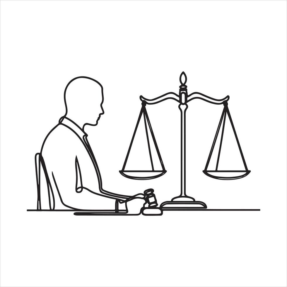 Single one line court legal scale in continuous one drawing silhouette white background vector