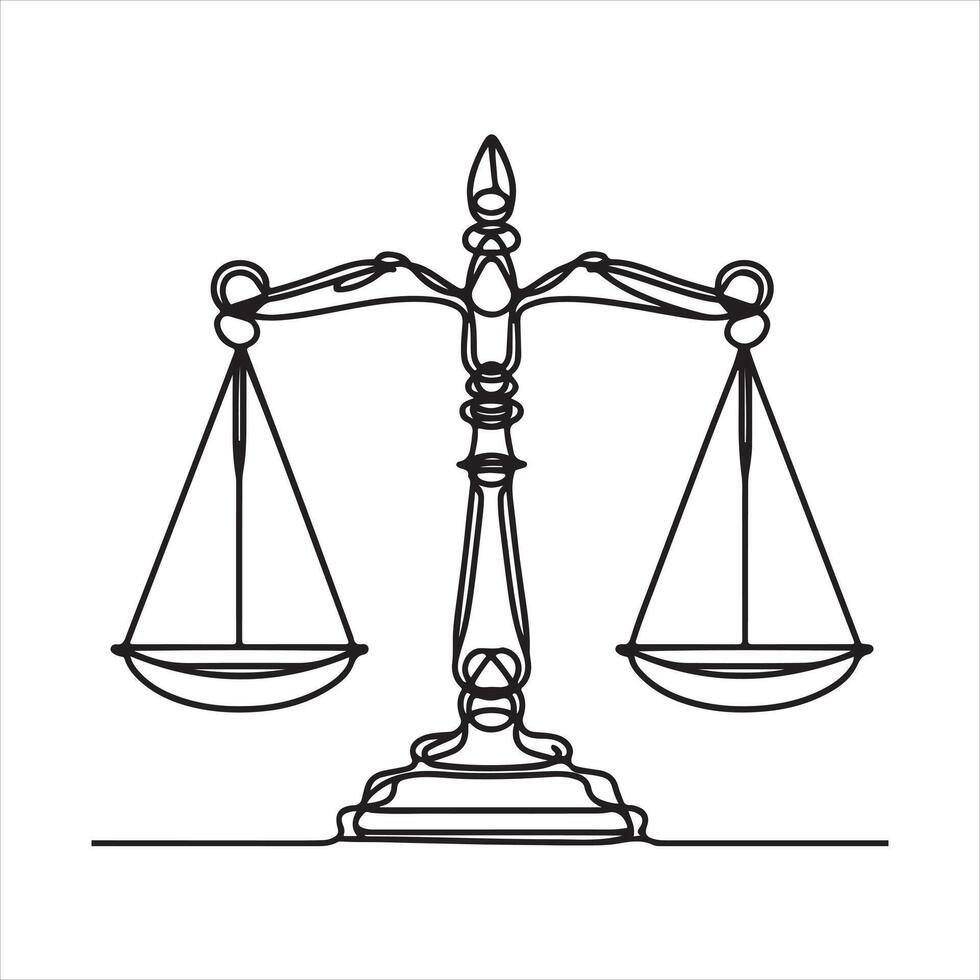 Single one line court legal scale in continuous one drawing black silhouette on white background vector