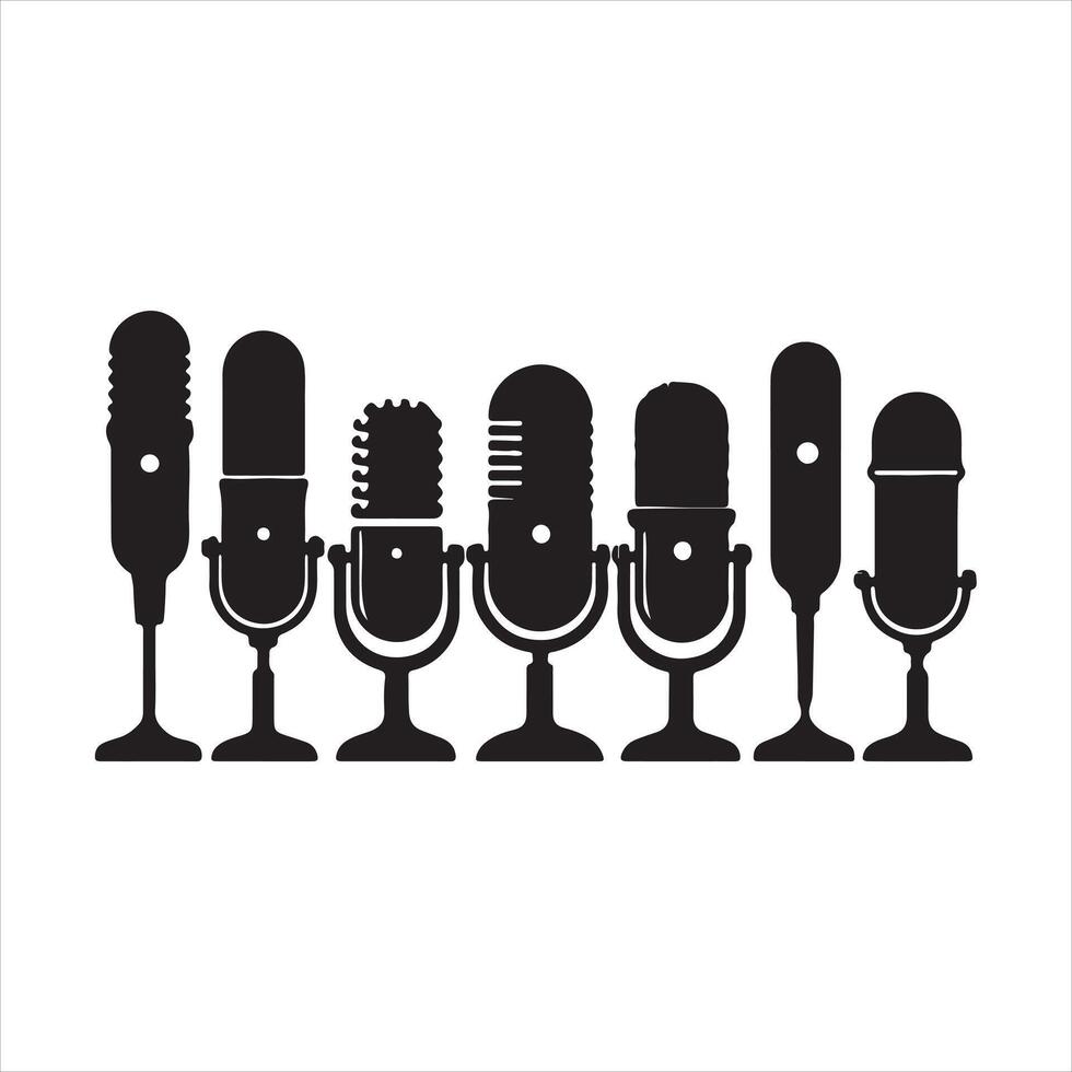 Single one line A line of podcast and music microphones silhouette on white background vector