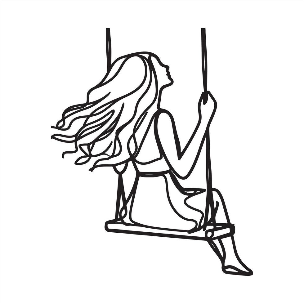 Single one line Continuous one line drawing youg woman swinging on swing black silhouette white background vector