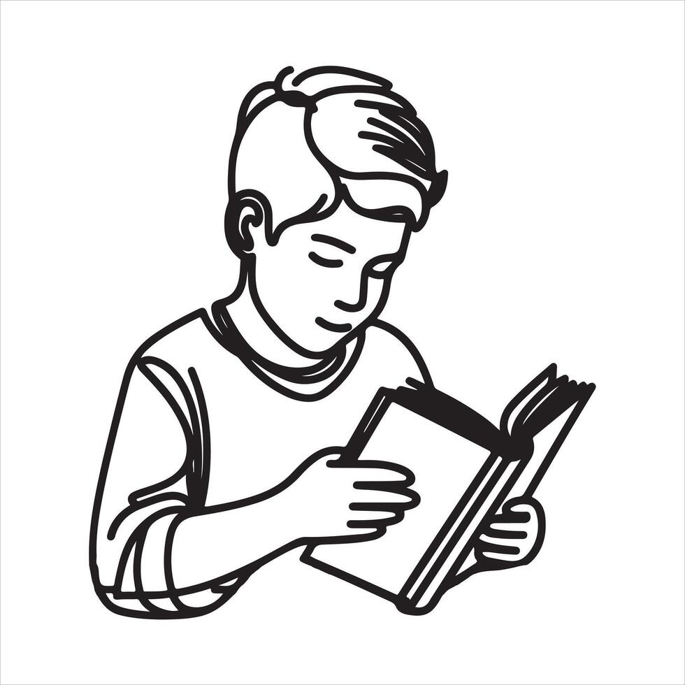 Single one line Boy studying with reading book black silhouette on white background vector