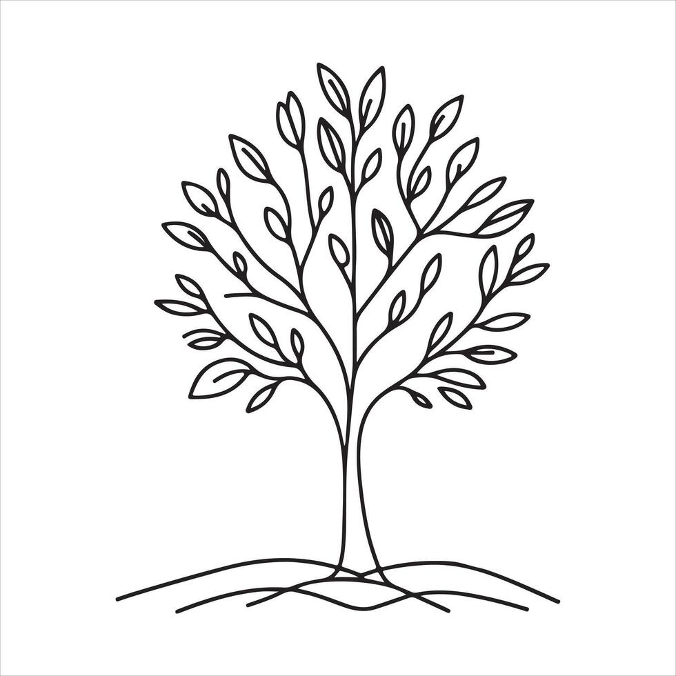 Single one line Tree plant doodle outline silhouette on white background vector