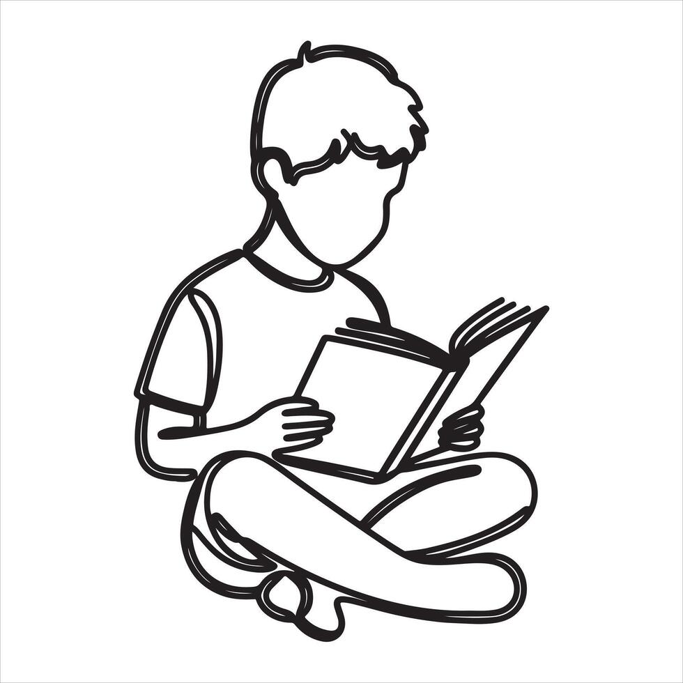 Single one line Boy studying with reading book silhouette on white background vector
