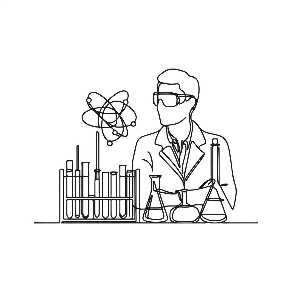 one line Lab experiment tools in continuous single one line art drawing silhouette white background vector