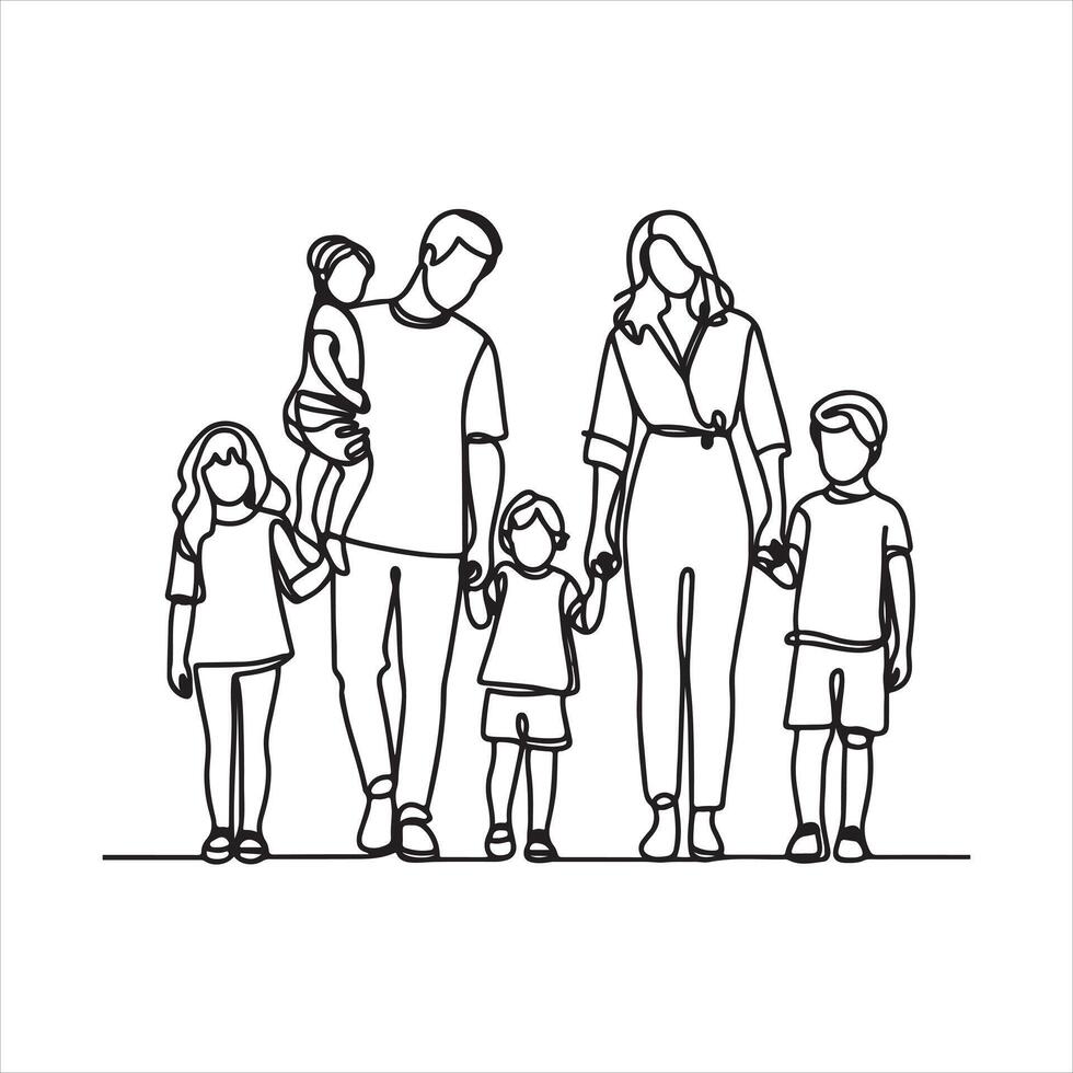 Single one line Happy family in continuous line art silhouette on white background vector
