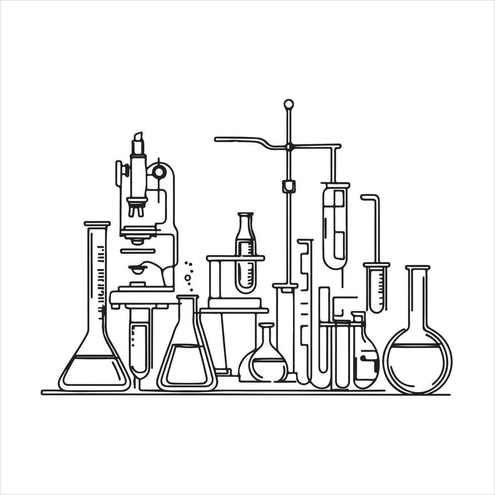 Single one line Lab experiment tools in continuous single one line art drawing black silhouette on white background vector