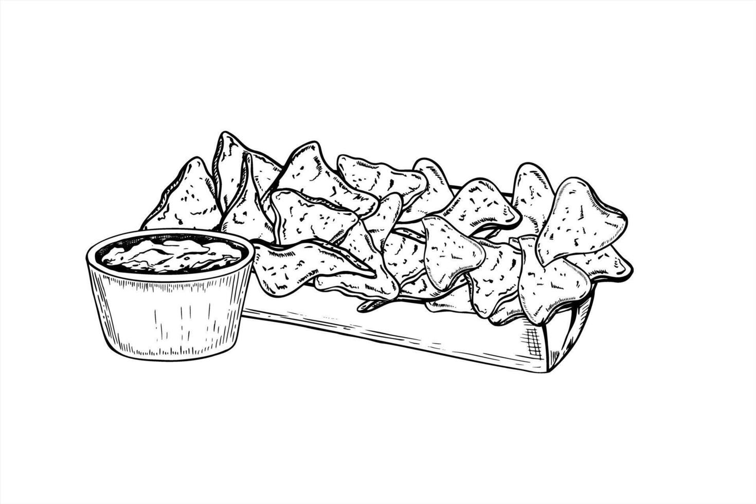 Nachos heap in takeaway cardboard dish and bowl with guacamole hand drawn illustration. Mexican traditional triangle corn chips with sauce. Fast food snack for menu design, branding design. vector