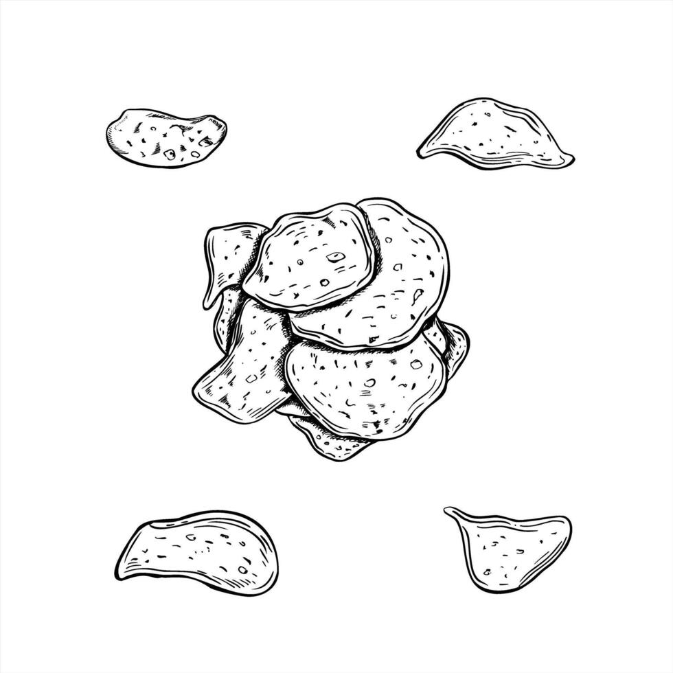 Crispy wavy potato chips pile and single chip illustration painted by black inks. Monochrome delicious crisps party fast food graphic sketch. Salty snack for cinema menu design, decor vector