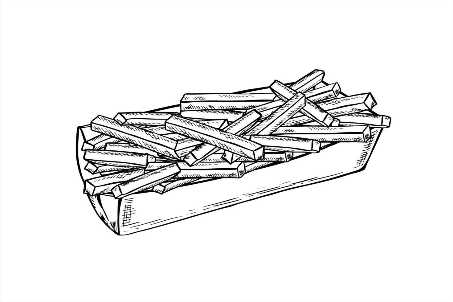 French fries in bio takeaway cardboard container illustration painted by black inks in linear style. Monochrome hand drawn potato sticks in craft paper dish outline drawing. Fast food for menu vector