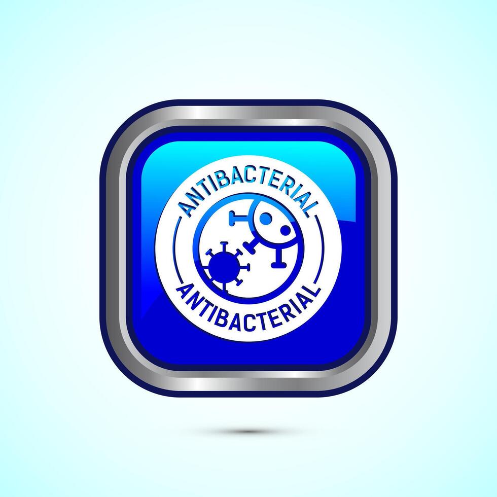 Antibacterial icon design illustration, Hygiene label symbol for product packaging, Blue color square button design vector
