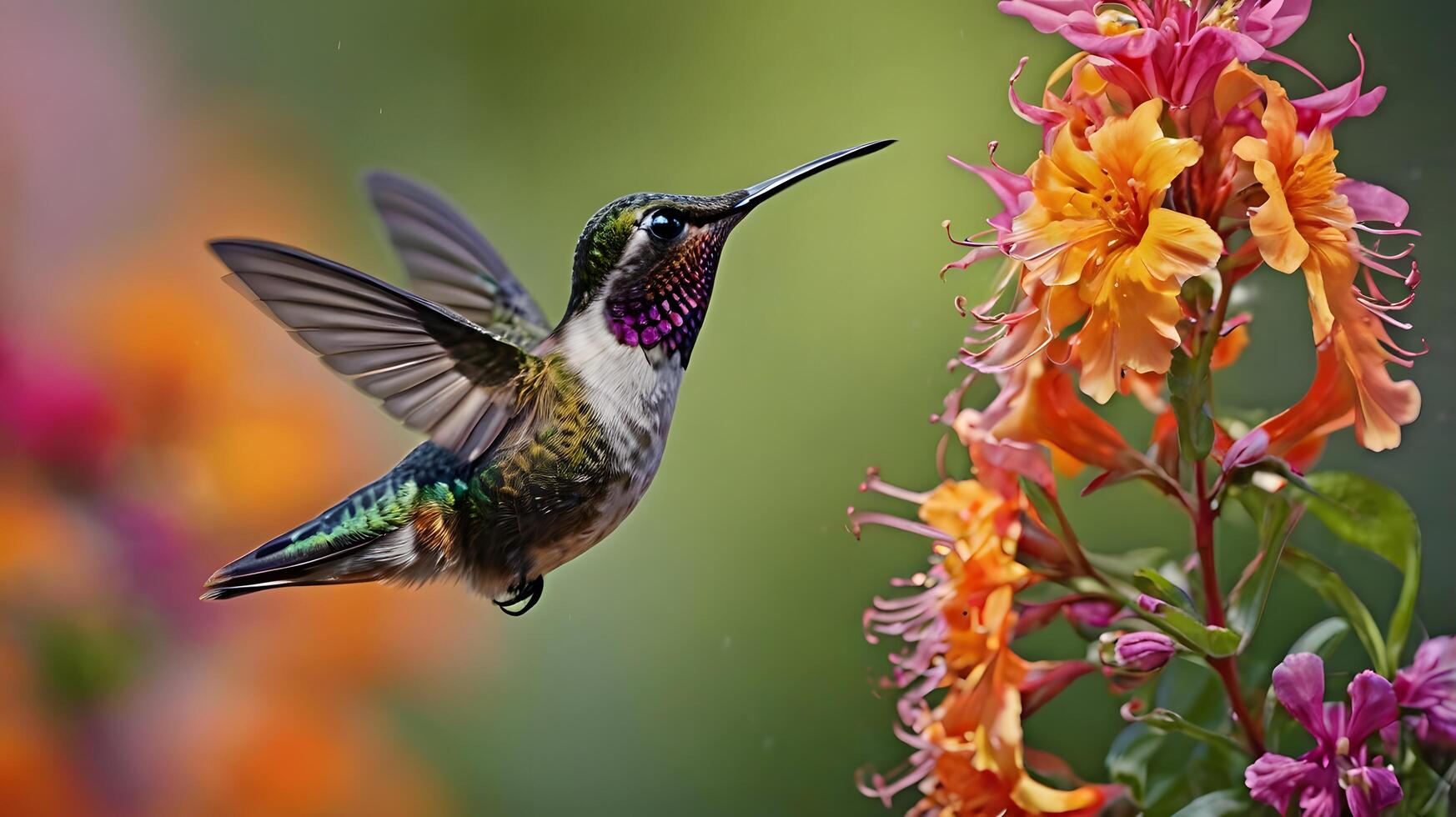 A photo hummingbird hovering over a flower.