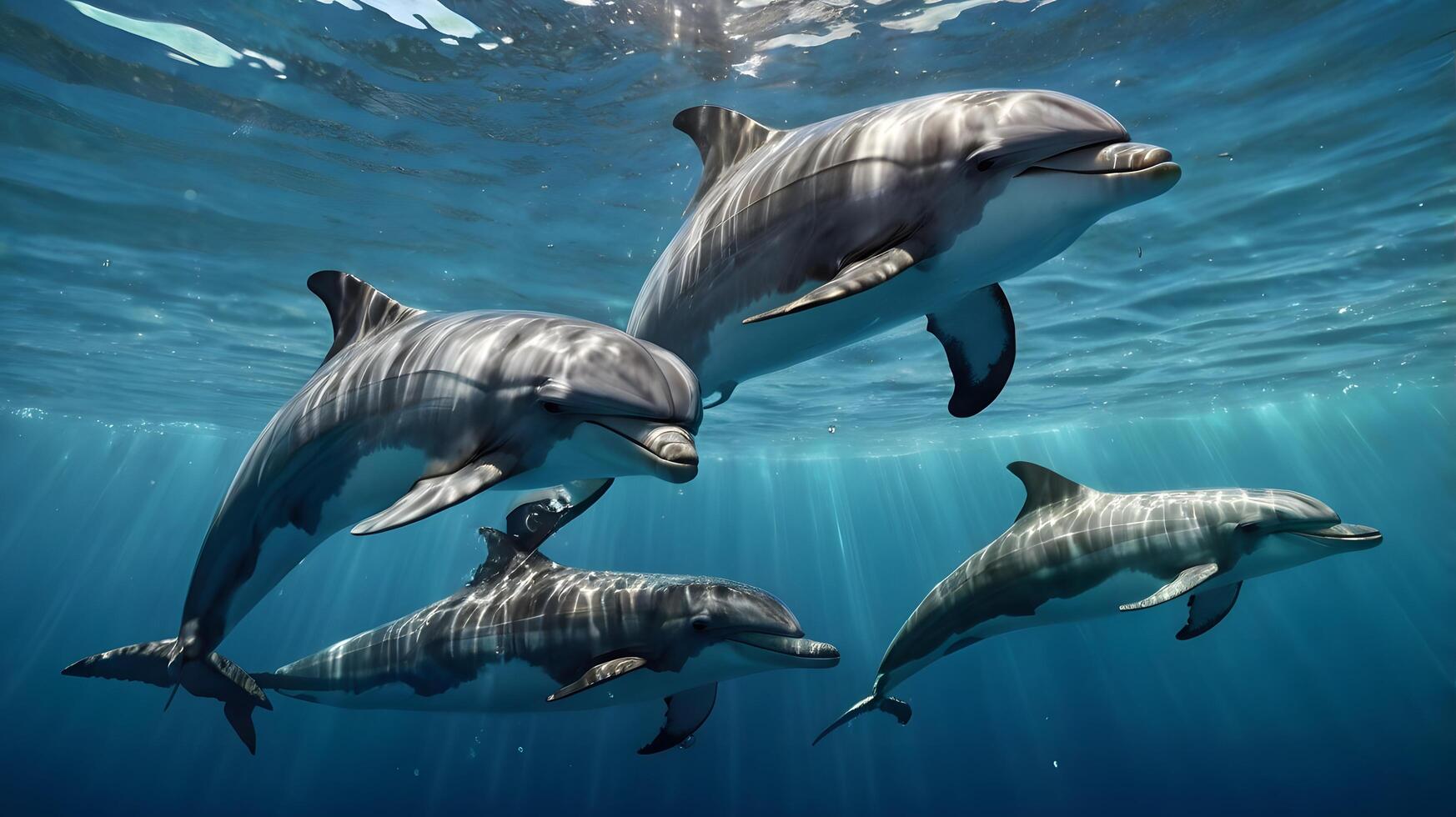 A photo pod of dolphins swimming in the ocean.