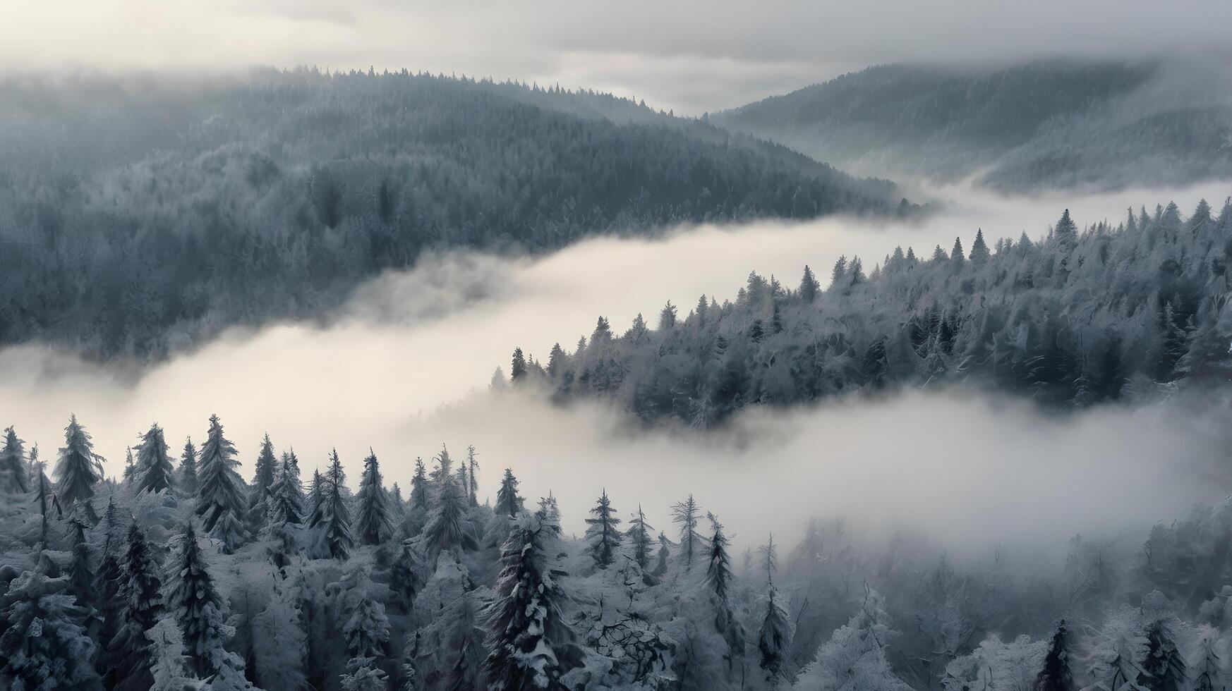 photo of the cloud-covered forest on a snowy ridge in at foggy weather stock photo.