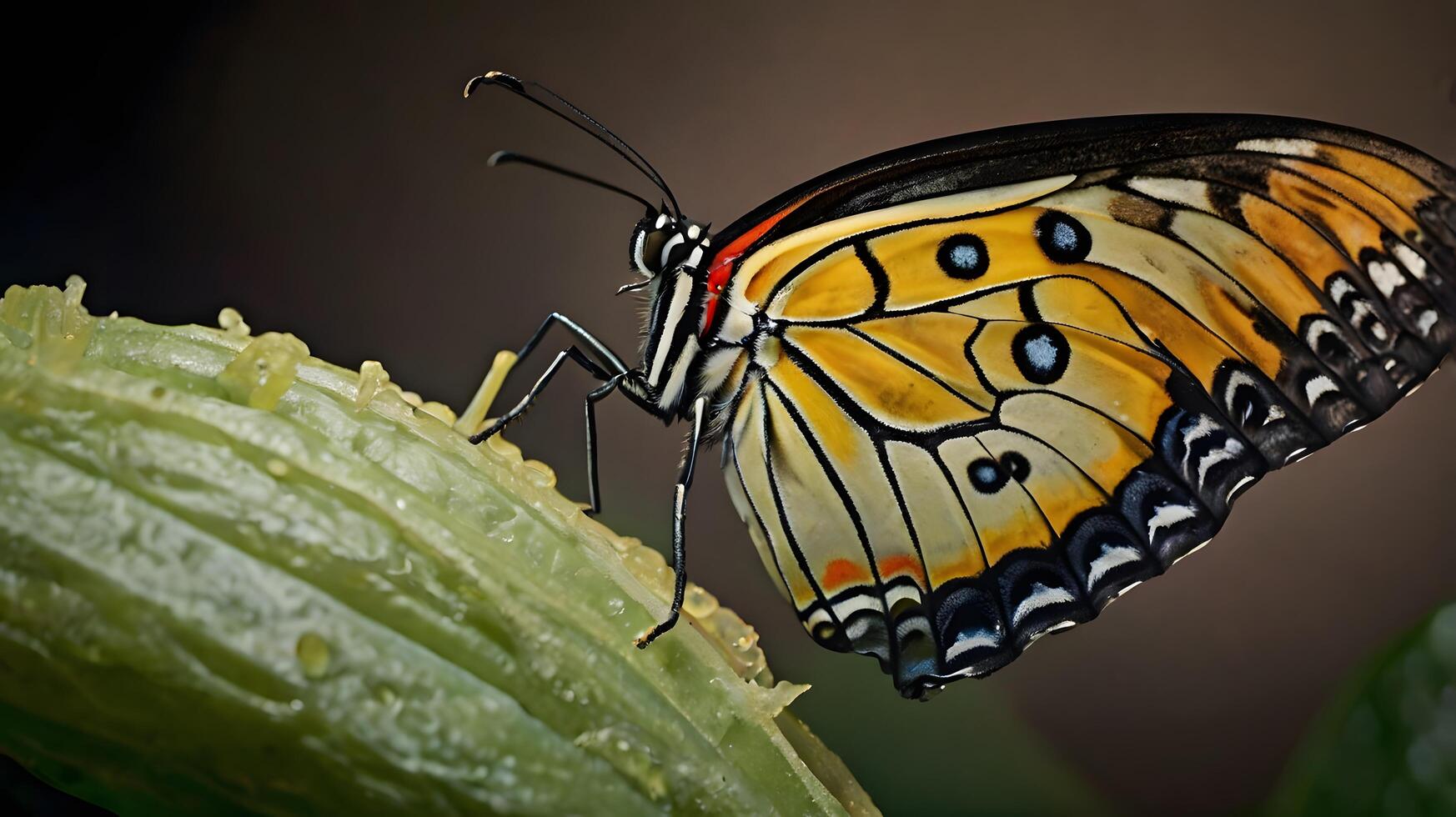 A photo butterfly emerges from its chrysalis.