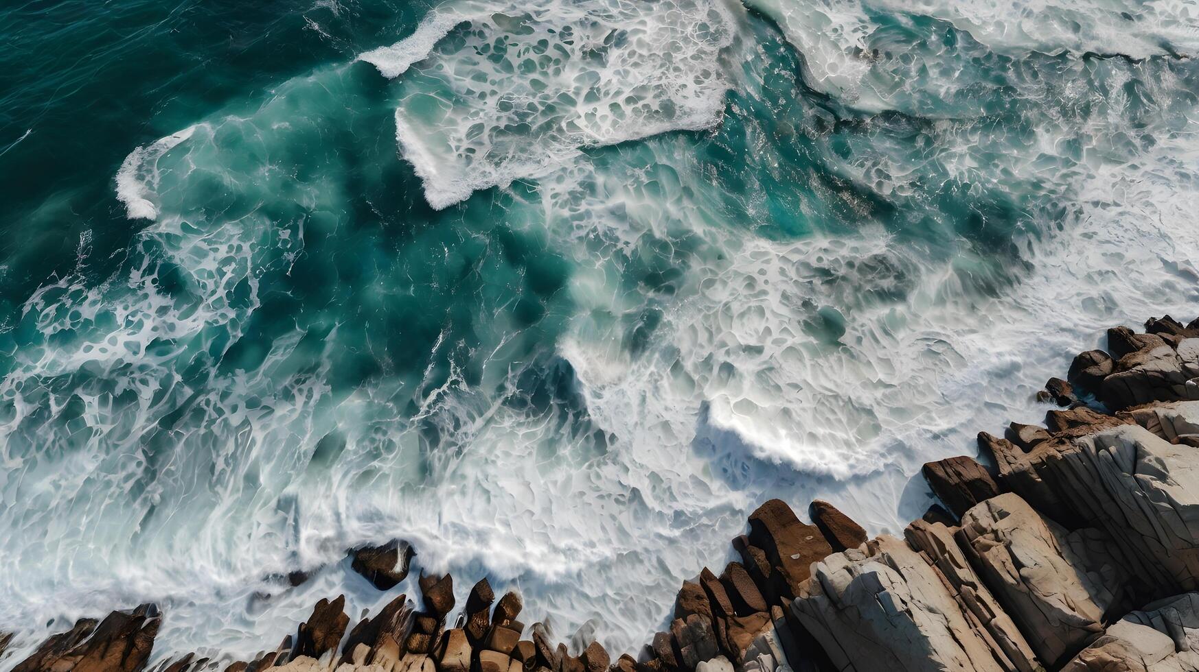 an aerial shot of a rocky beach with waves crashing over rocks. photo