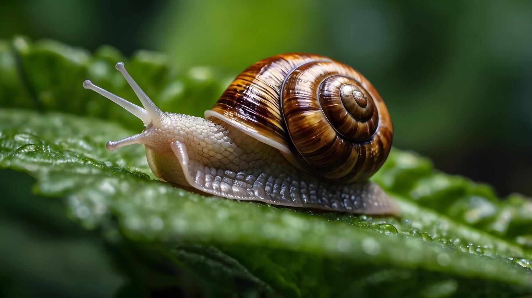 A photo snail crawling on a leaf.