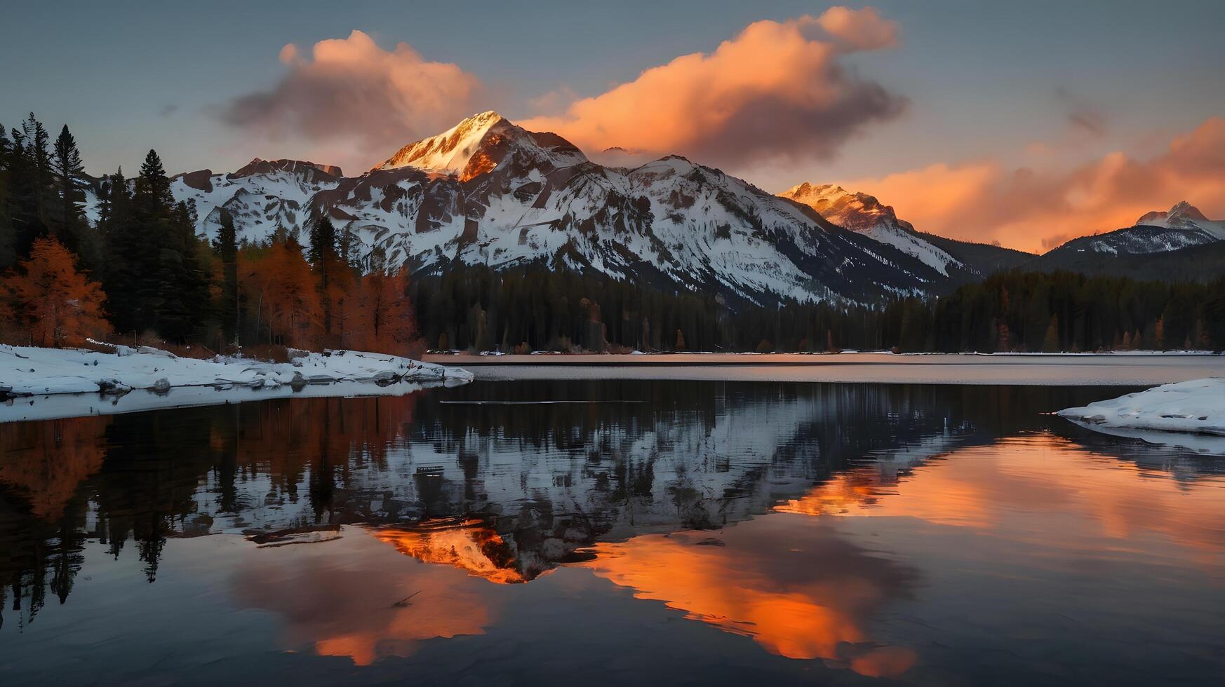 a lake reflecting a snow-covered mountain. photo