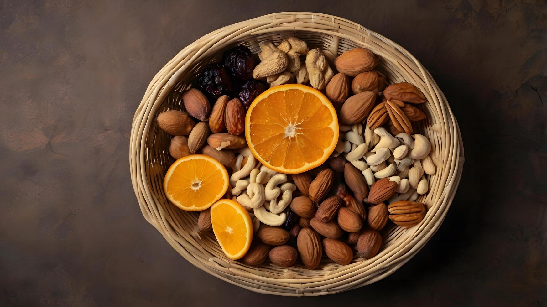 A photo of a woven basket filled with assorted dried fruits and nuts for Iftar.
