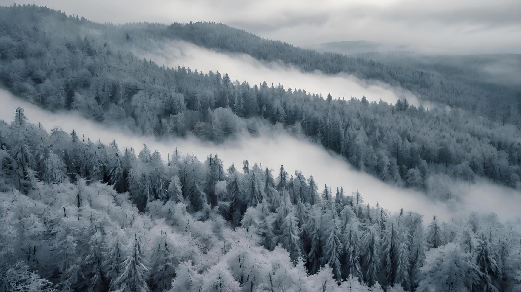 photo of the cloud-covered forest on a snowy ridge a foggy weather stock photo.