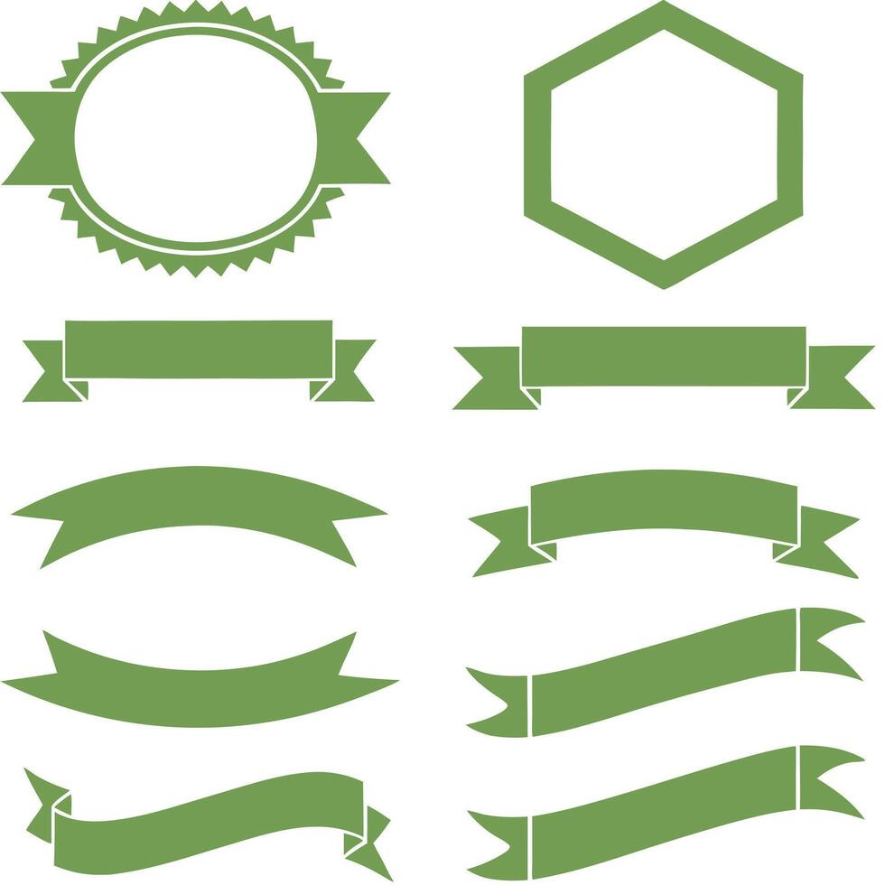 Ribbons green silhouette set. Glyph background banner. Simple ribbon blank template different shape. Decorative retro flag, tape for text, price tag, sale label. vector