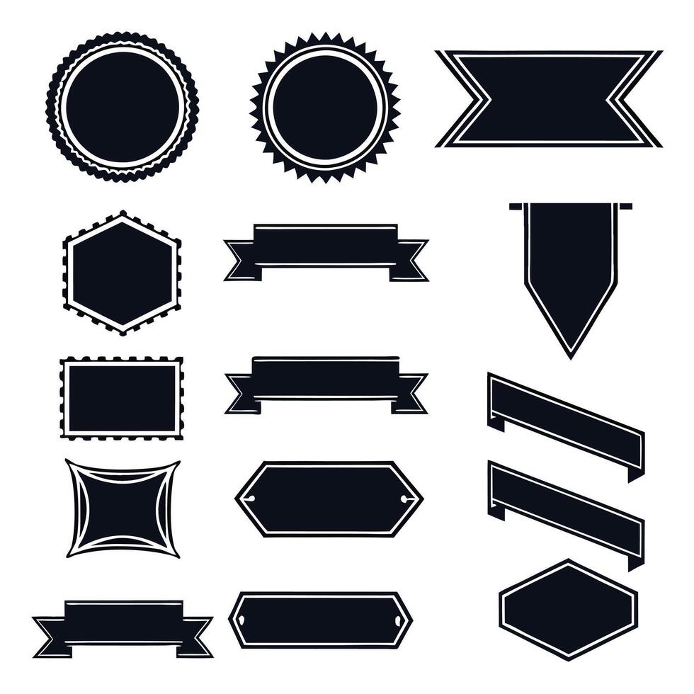 Ribbons black shape silhouette set. Glyph background banner. Simple ribbon blank template different shape. Decorative retro flag, tape for text, price tag, sale label. vector