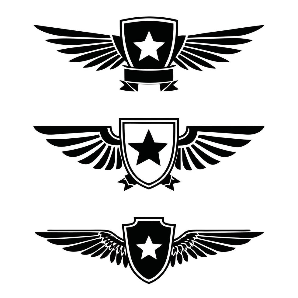 Flying black emblem, eagle bird wing and winged frame. Aviation pilot patch badge, army insignia emblem or biker logotype sticker vector