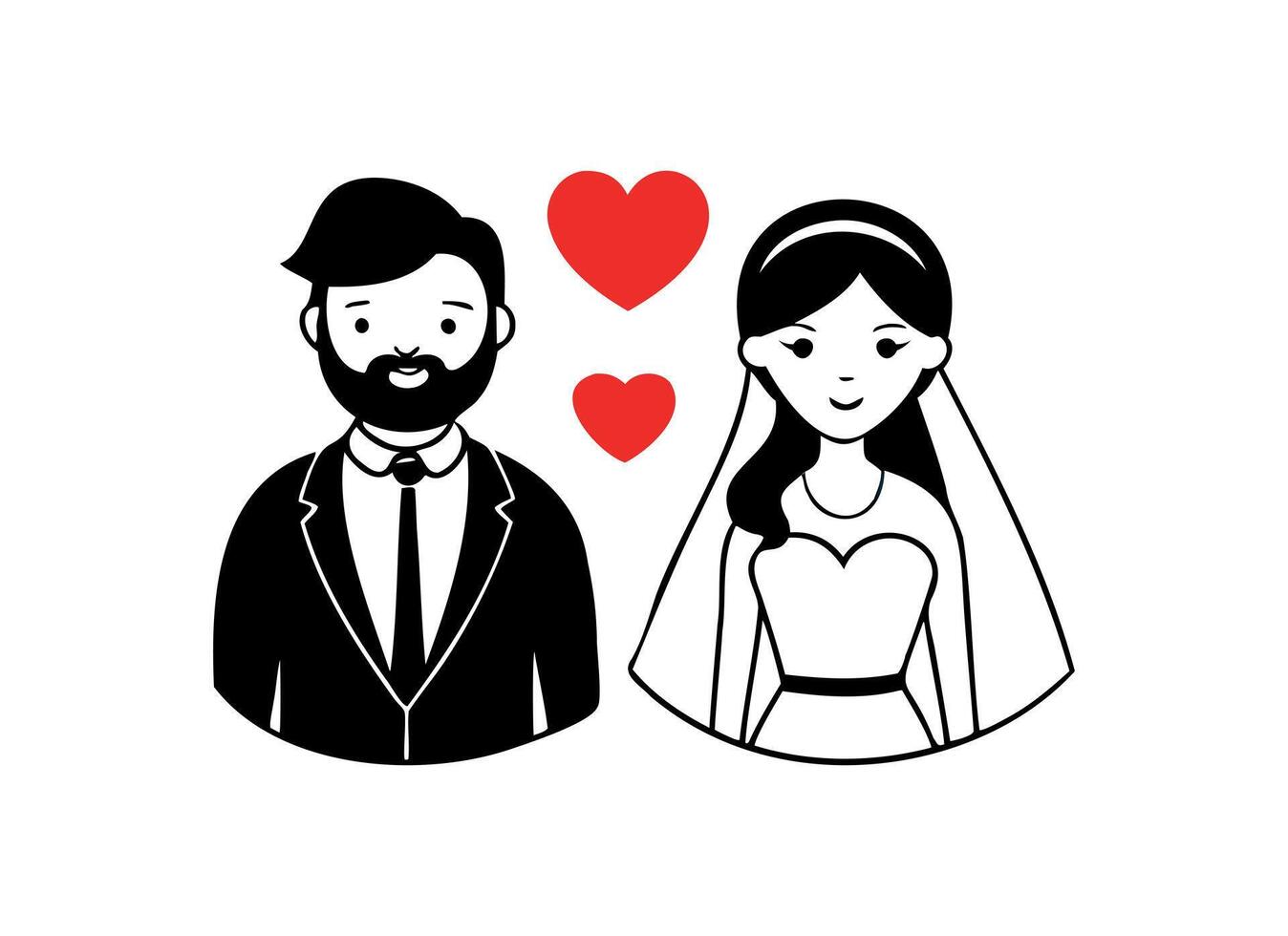 Cartoon Bride and Groom Wedding Illustration with Hearts vector