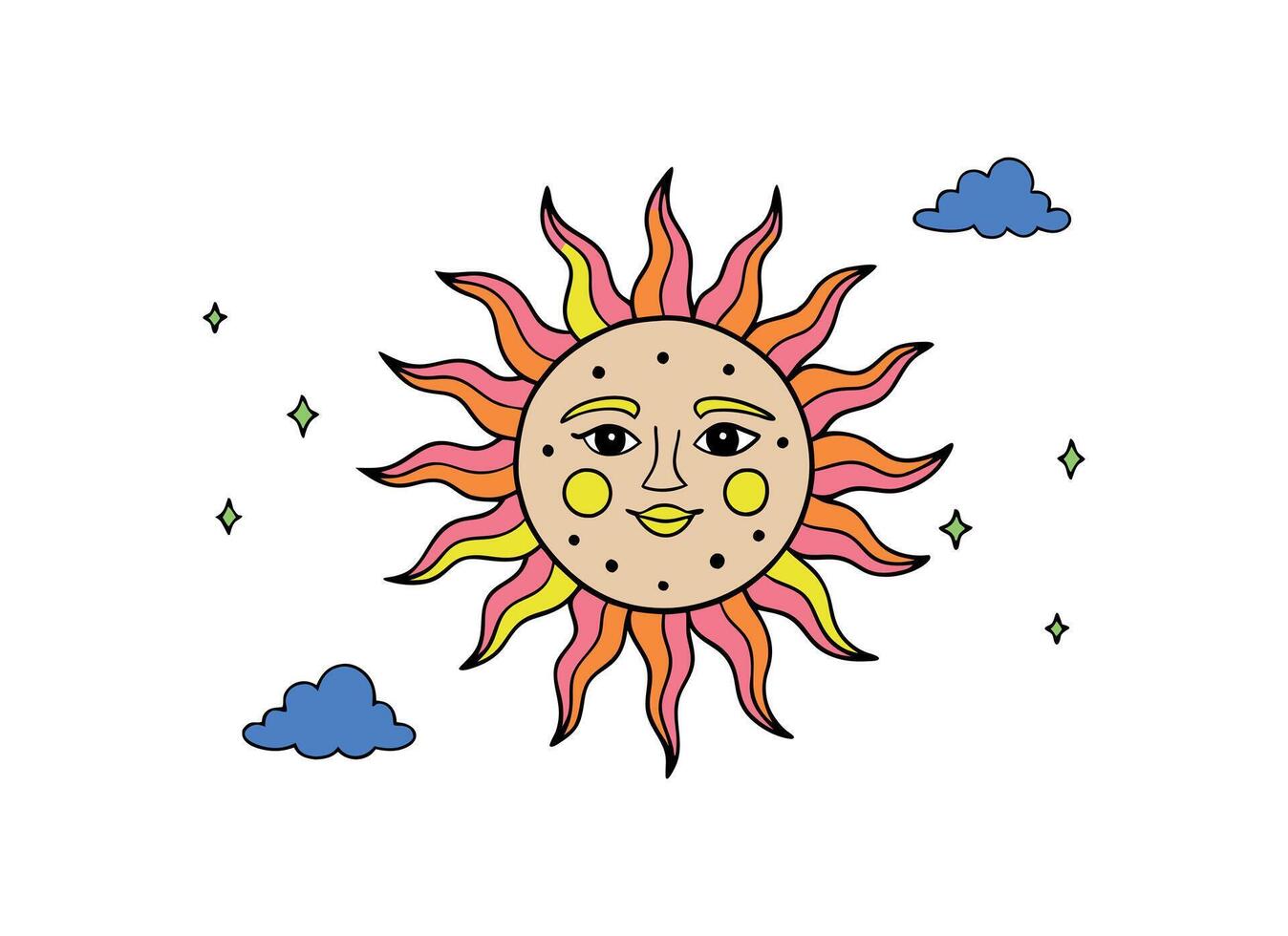 Whimsical Sun Illustration with Clouds and Stars vector