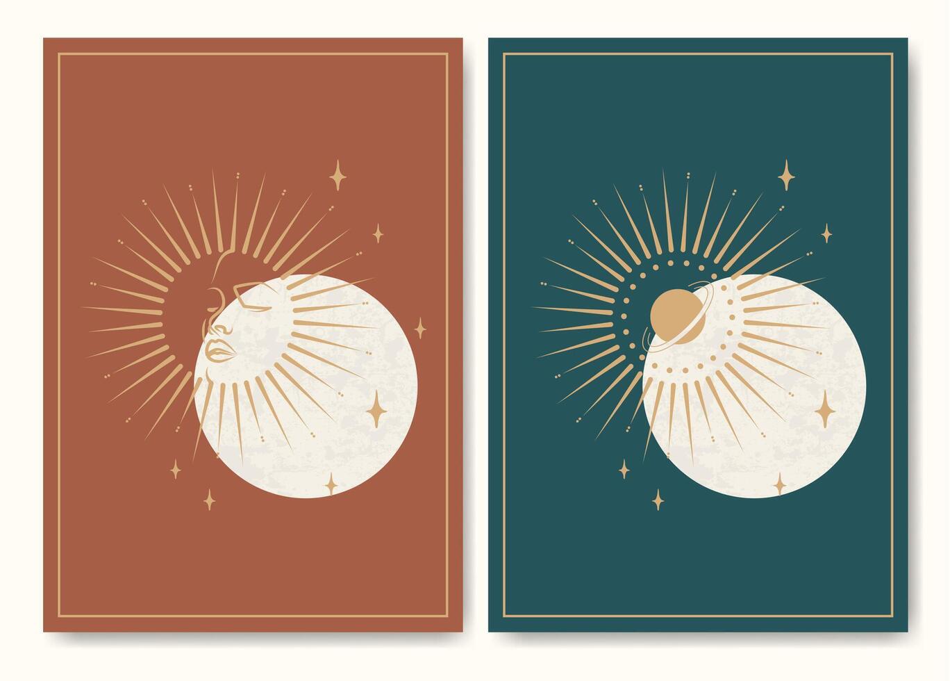 Mystical drawing of moon and outer space posters. Tarot minimalist printable wall art collection. vector