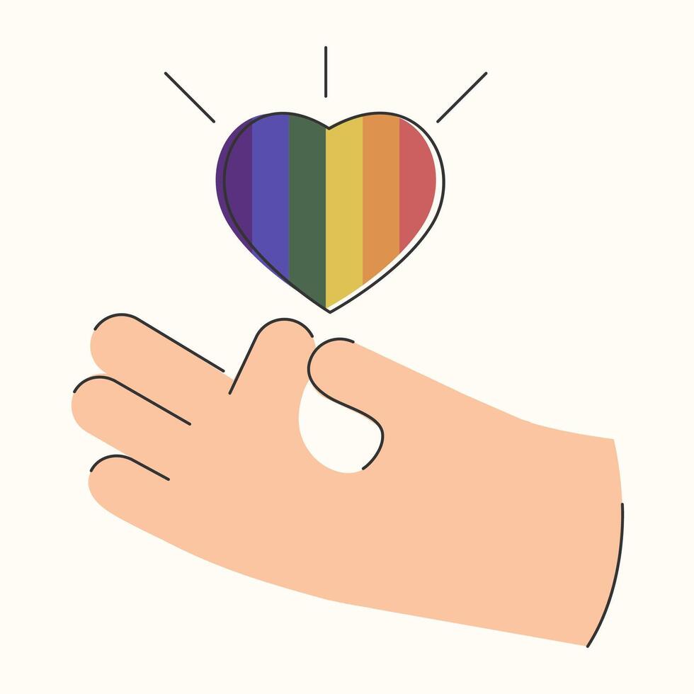 Hand and rainbow lgbt heart illustration. Celebrate pride month icon. LGBT elements vector