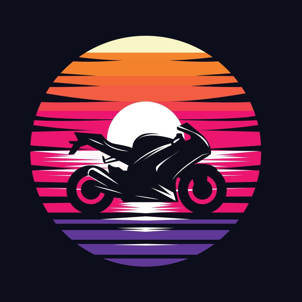 Retro Futuristic Motorcycle Silhouette Neon Aesthetic Biker T-Shirt Design vector