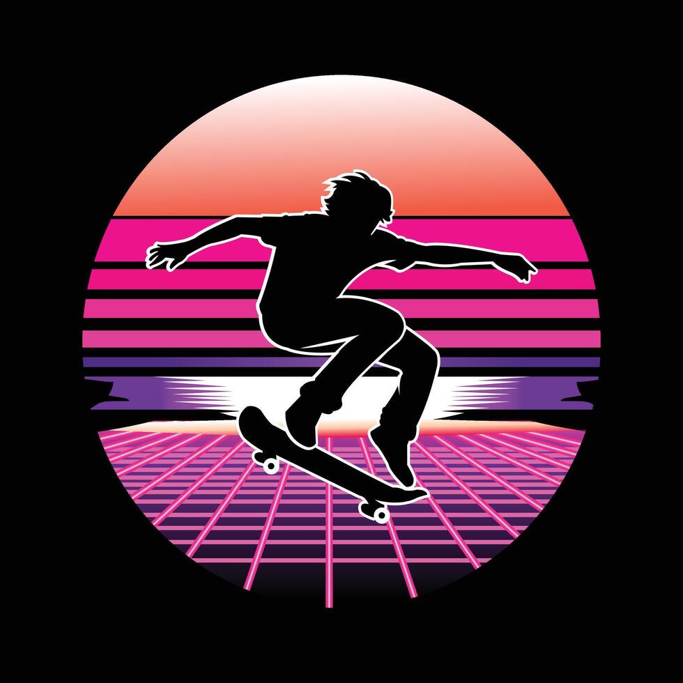 Retro Futuristic Skater Silhouette Neon Aesthetic Skateboarding T-Shirt Design vector