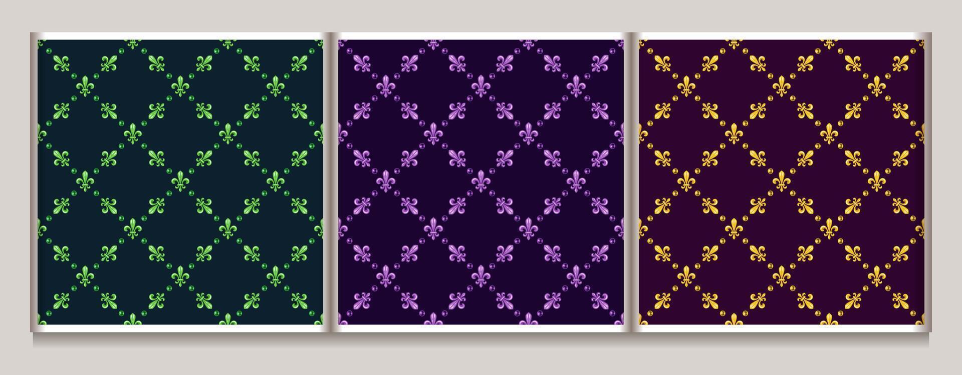Set of Mardi Gras monochrome geometric patterns with Fleur de Lis symbol, beads in traditional colors green, purple, yellow. Diagonal classic square grid. vector