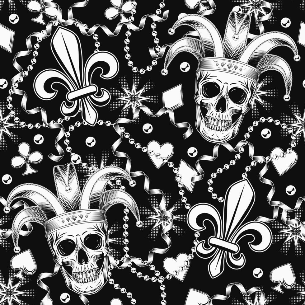 Seamless black and white Mardi Gras pattern with human skull in jester hat, beads, streamer ribbons, card suits icons, holiday trinket, Fleur de Lis sign. Randomly scattered objects. Vintage style vector