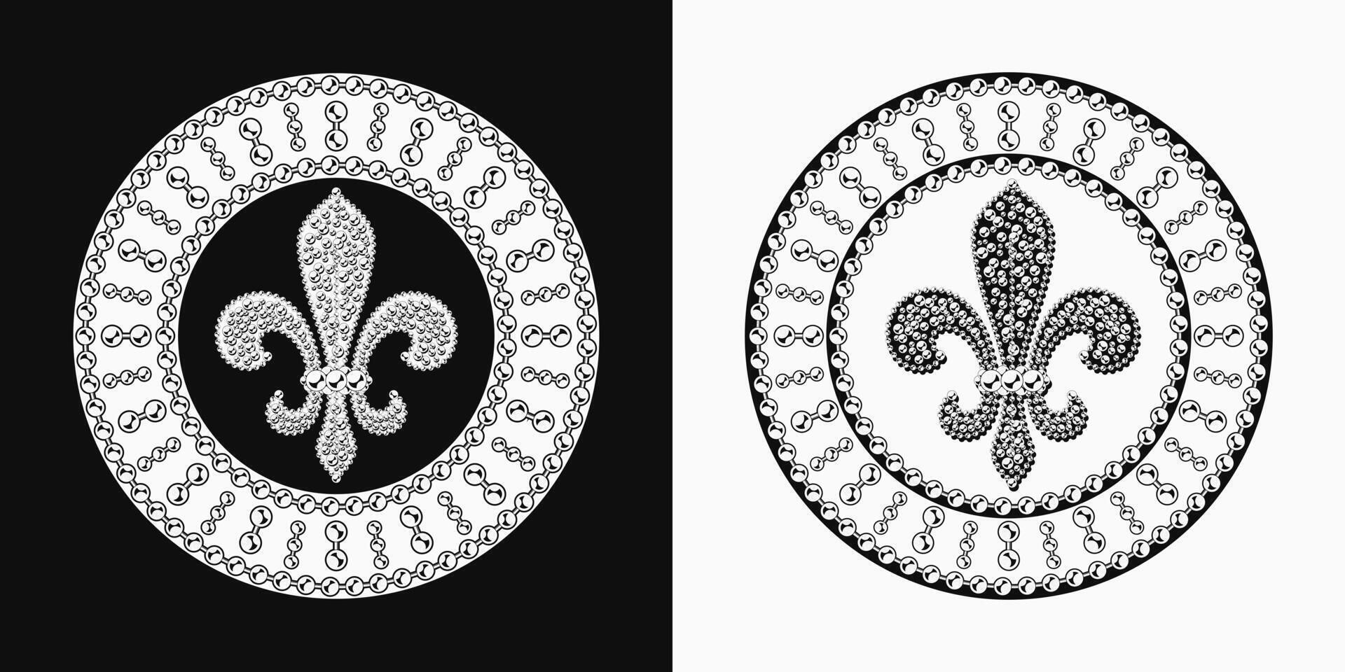 Mardi Gras circular pattern with big Fleur de lis sign, bead strings. Vintage black and white illustration for prints, holiday goods decoration vector