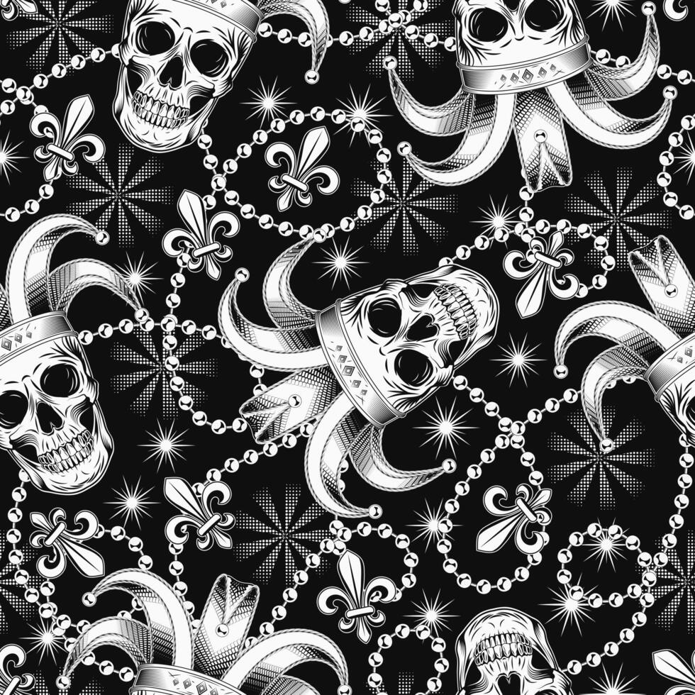 Seamless black and white Mardi Gras pattern with human skull in jester hat, interlaced strings of beads, Fleur de Lis symbol Randomly scattered objects. Festive holiday design. Vintage style vector