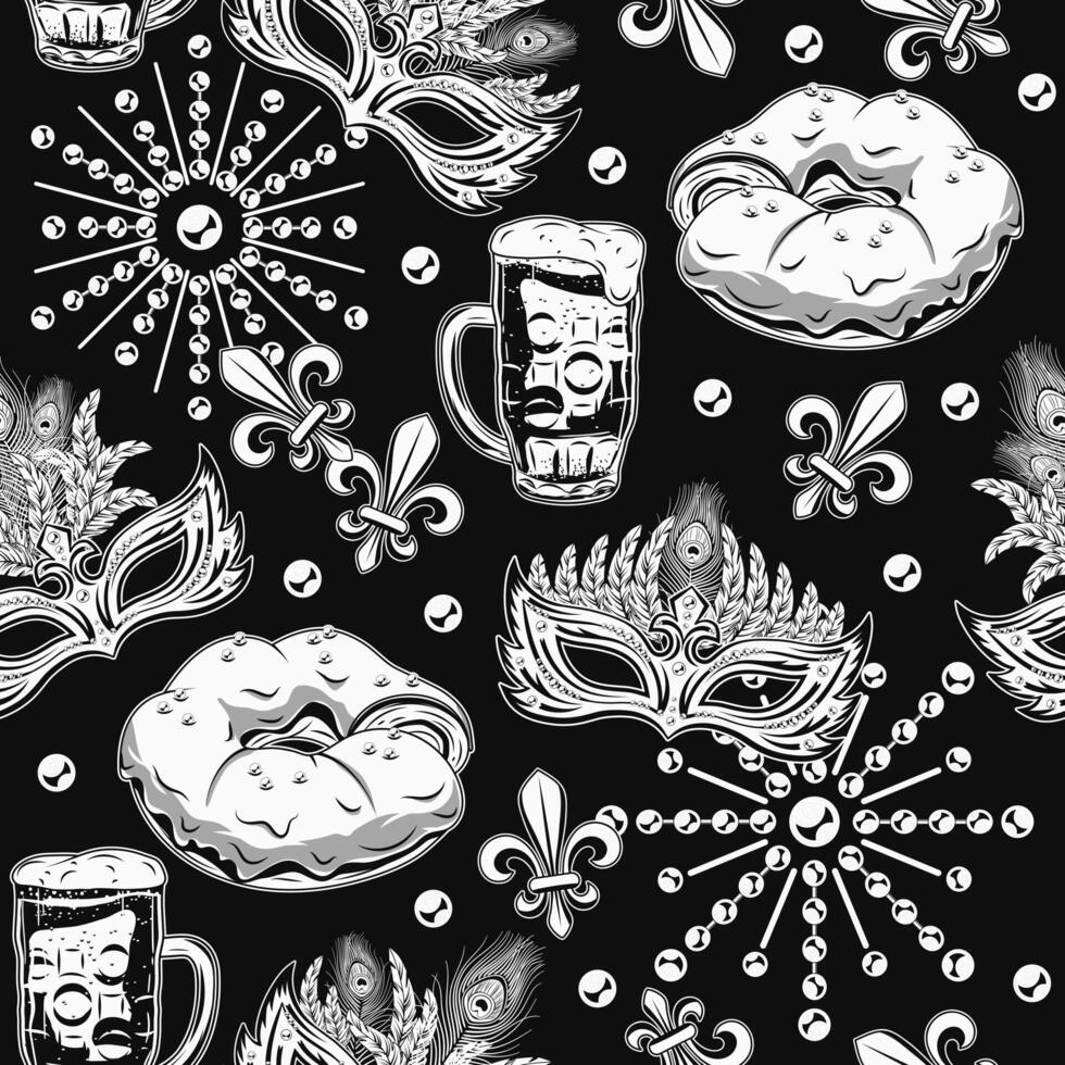 Seamless Mardi Gras pattern with king cake, full glass of beer, beads, masks, trinket, Fleur de Lis sign. Festive holiday design. Vintage illustration for prints, clothing, surface design. Not AI vector