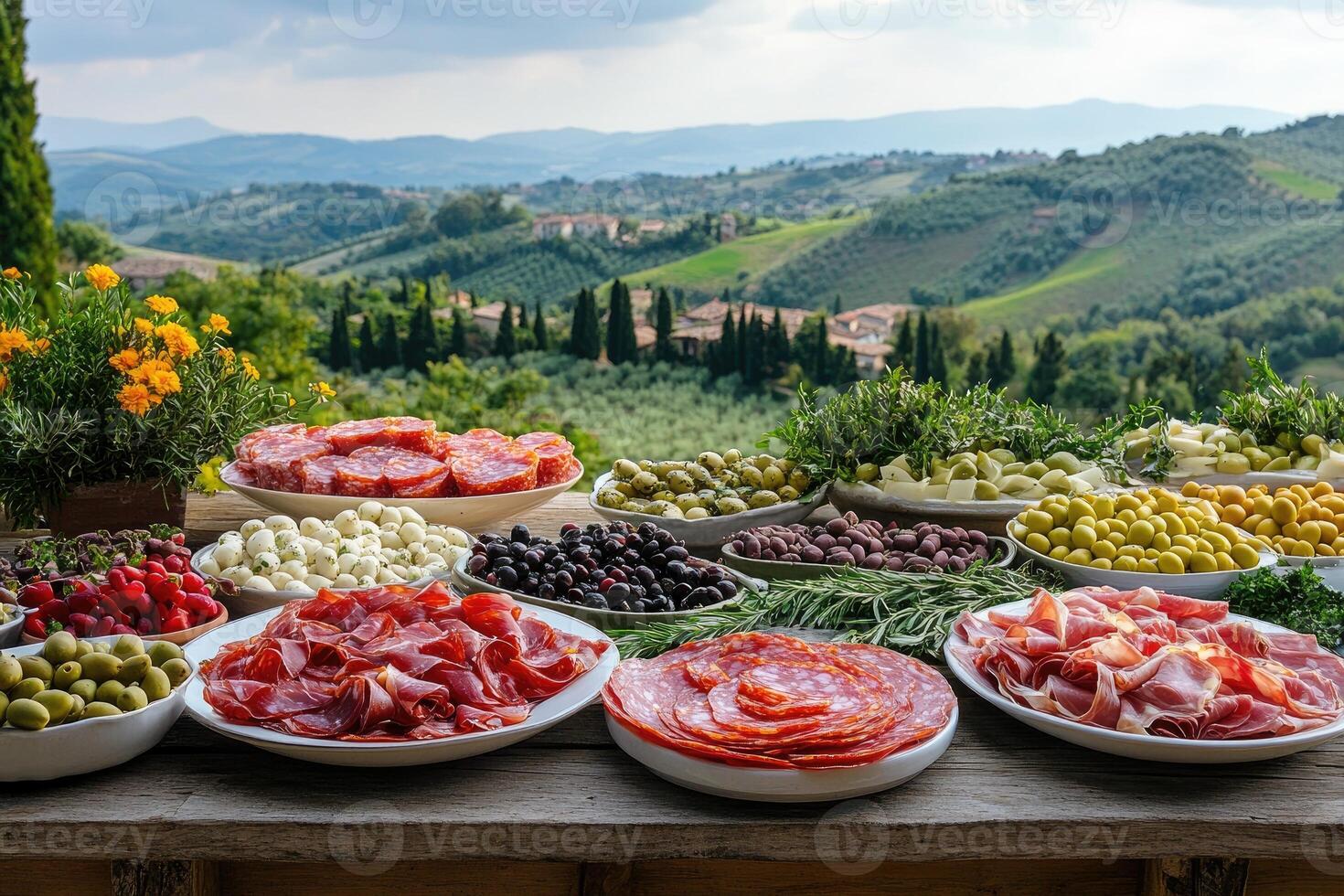 Italian buffet displaying local products overlooking tuscany landscape photo