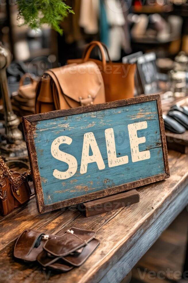 Sale sign displayed on rustic wooden table with leather goods in background photo