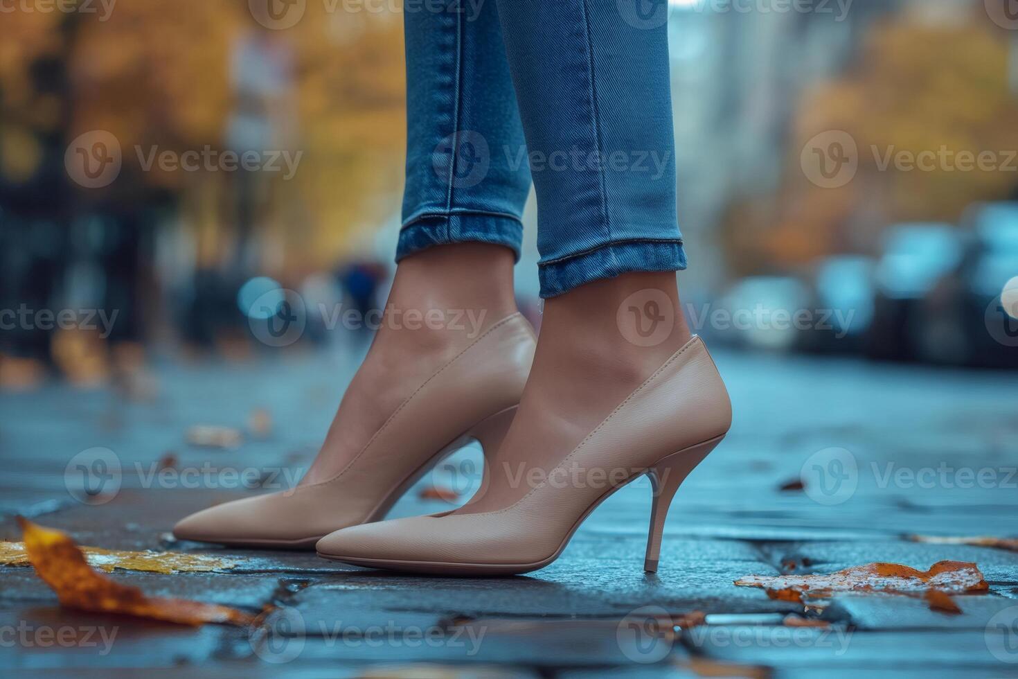 Woman wearing beige high heels and blue jeans standing on a city street in autumn photo