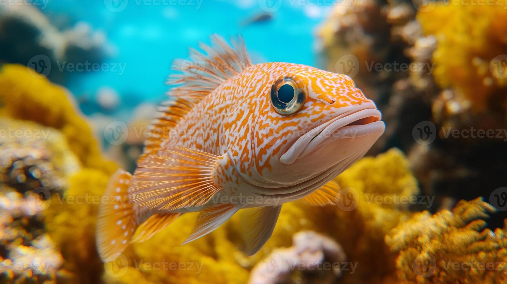 Orange rockfish swimming near coral reef in the pacific ocean photo
