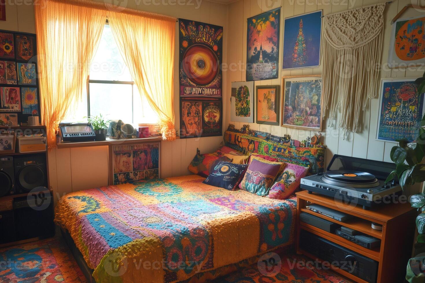 Bohemian style bedroom decorated with psychedelic posters and colorful textiles photo
