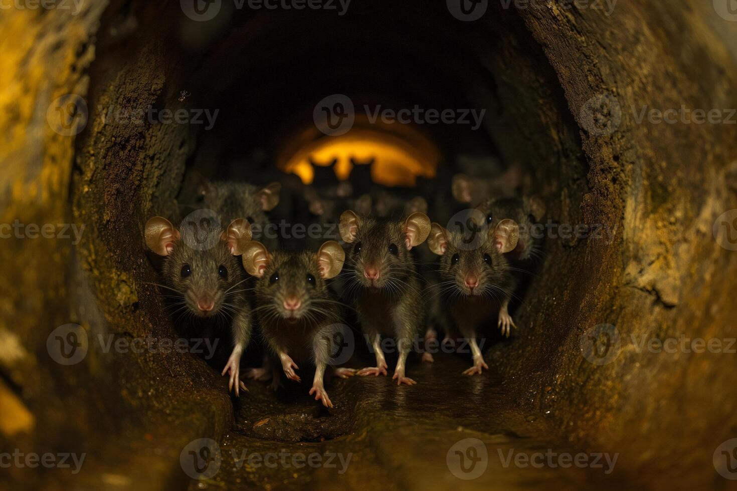 Group of rats coming out of sewer pipe at night photo
