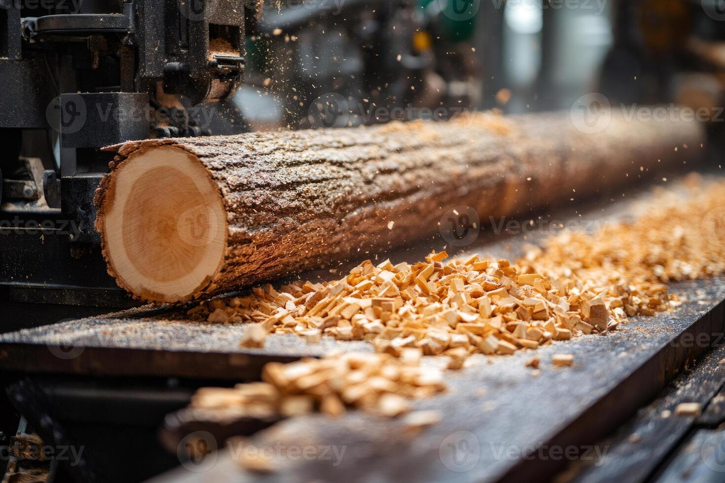 Sawmill machine cutting wooden log with flying sawdust in lumber mill photo